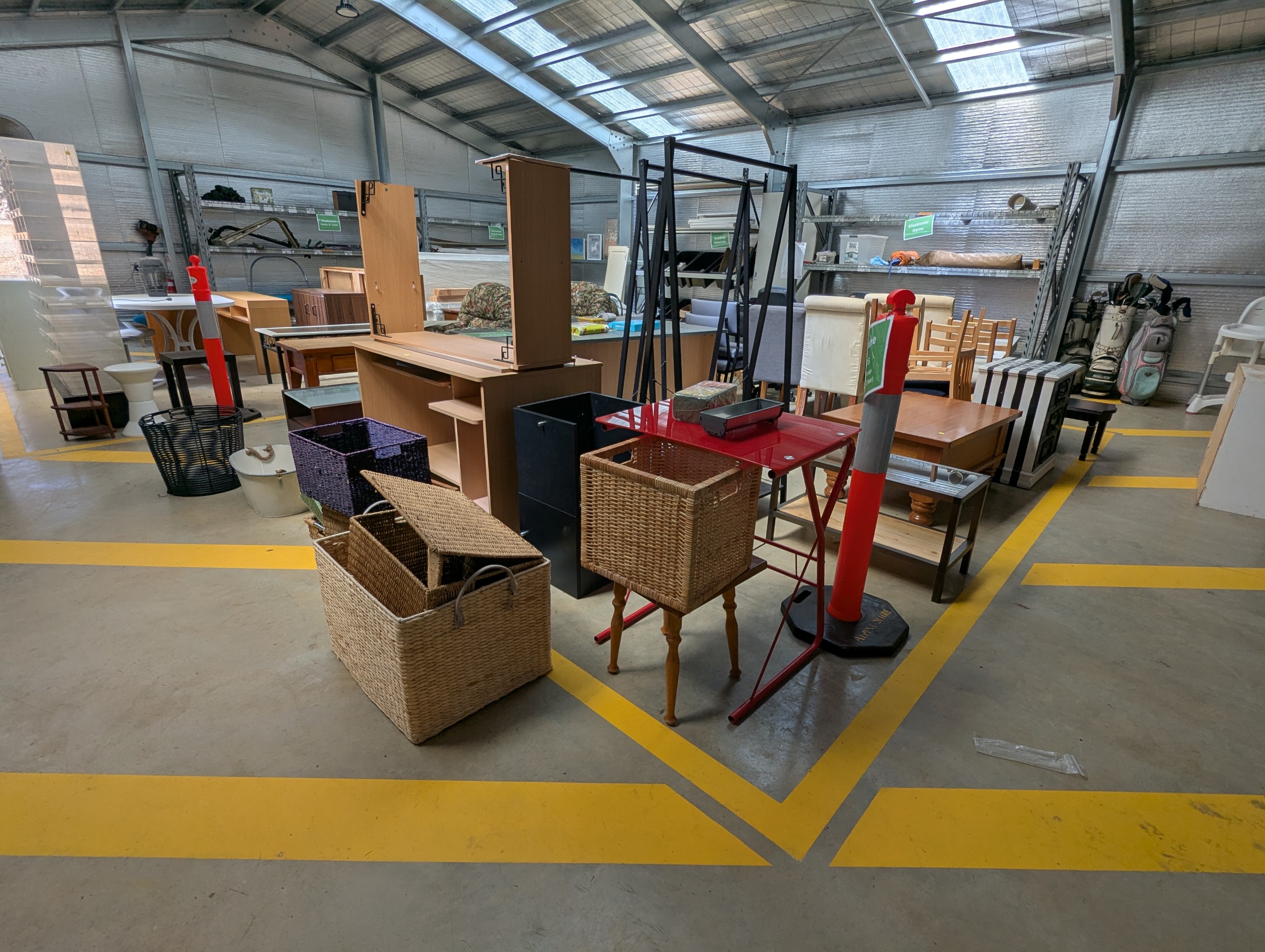 Baskets, clothing racks, tables