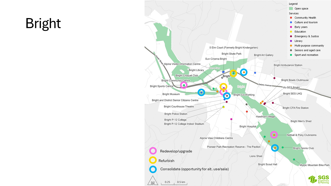 A map of infrastructure in Bright, Victoria.