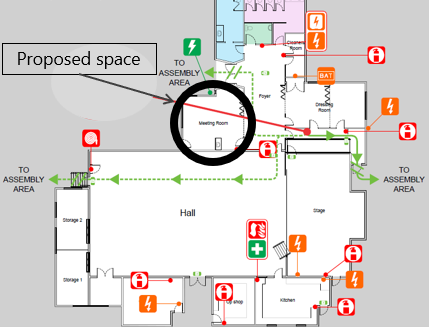 A map of the Mount Beauty Community Centre with the meeting room circled in black. There is a line to the circle with a caption that states 'Proposed Space'.